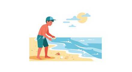 Child Enjoying Summer Vacation Collecting Shells By Ocean Shores On The Beach