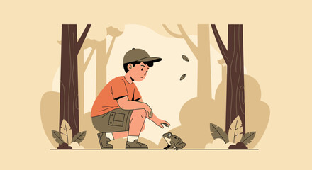 Childhood Discovery Boy And Frog Explore The Forest In A Nature Adventure