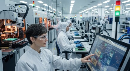 Modern industrial interior showing staff operating advanced machinery for chip production.
