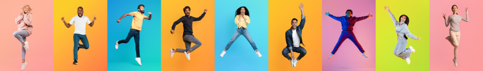 A collection of multiracial individuals expressing happiness through jumping poses against colorful...