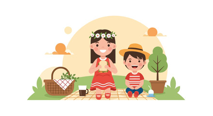 Fototapeta premium Children Enjoying Summer Picnic With Sandwich And Drinks Outdoors In The Park