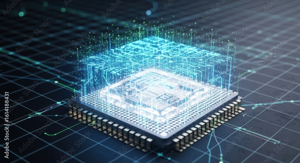 Aufkleber scifi style processor chip with neon digital network overlay and scientific grid background.