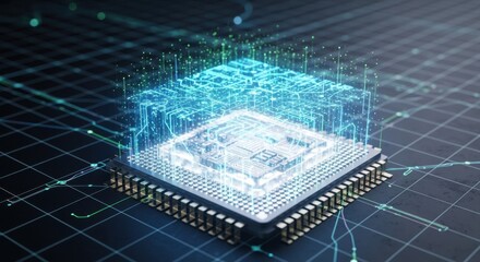 Scifi style processor chip with neon digital network overlay and scientific grid background.