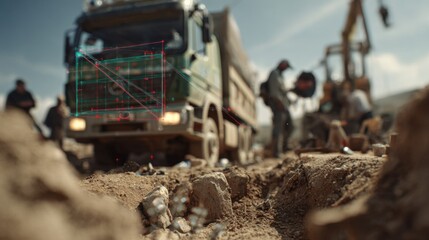 Obraz premium Clear shot highlighting the mixedreality trucks advanced sensors actively scanning unearthed relics creating digital overlays while the surrounding archaeologists and tools remain