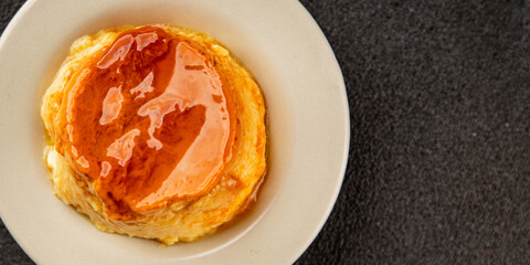 caramel cream dessert flan pudding sweet dessert fresh delicious gourmet food background on the table rustic food top view copy space