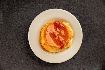 caramel cream dessert flan pudding sweet dessert fresh delicious gourmet food background on the table rustic food top view copy space