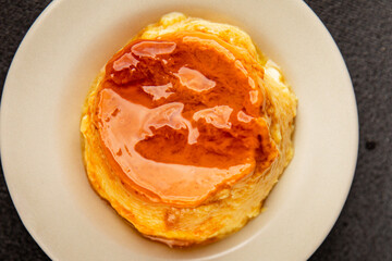 caramel cream dessert flan pudding sweet dessert fresh delicious gourmet food background on the table rustic food top view copy space