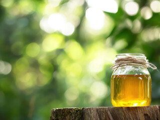 A jar of honey standing on the wood before green natural background