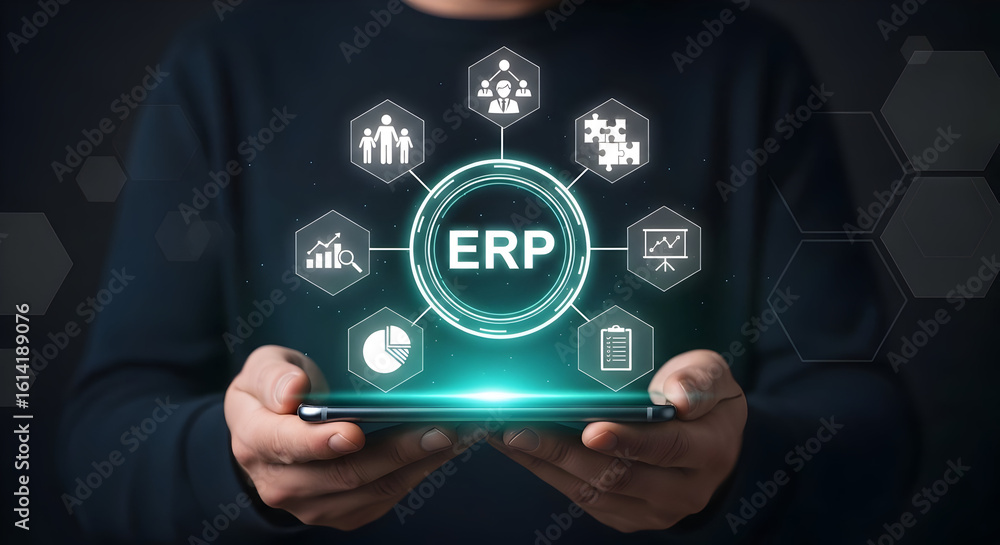 Poster erp technology displayed on smartphone symbolizing business process optimization for success