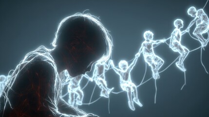 Dark figure in foreground contrasts with glowing outlines of children climbing depicting emotional and social challenges of growth hormone deficiency.