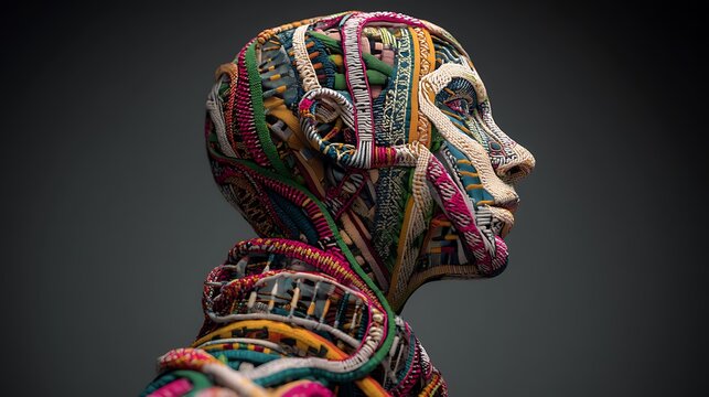a digital sculpture of a person made of intertwining DNA strands and ethnic textile patterns, connecting human form to genetic memory, futuristic genetic heritage art 