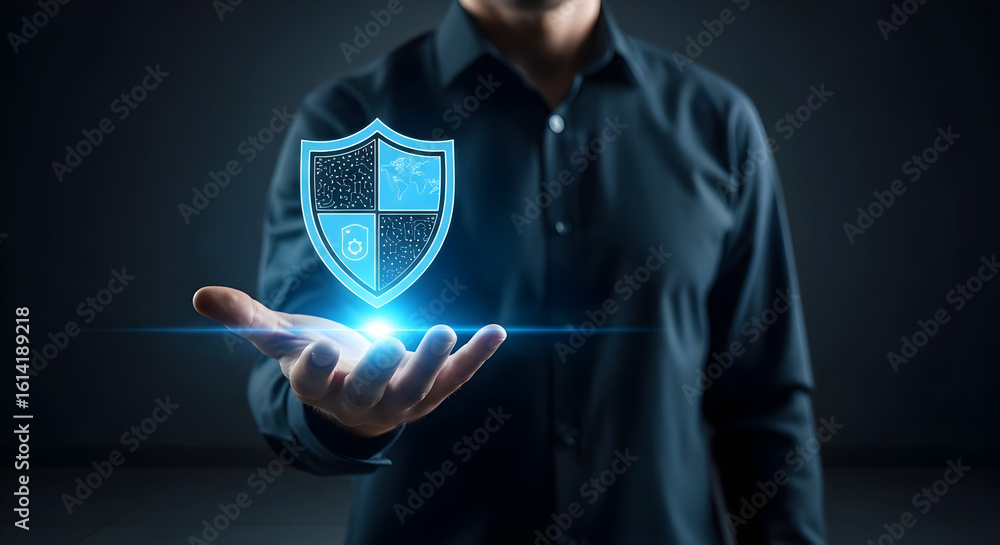 Poster cybersecurity professional presenting digital shield icon for data protection and network security