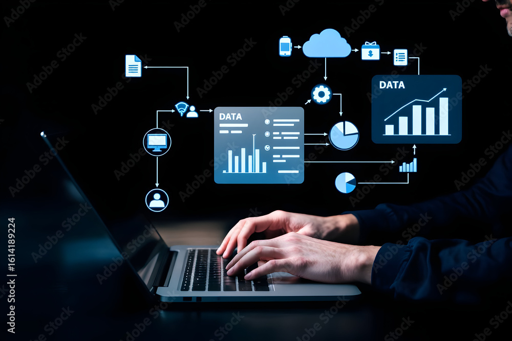 Poster data analysis and business intelligence showing charts and graphs on a laptop screen