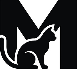 Black cat silhouette sitting inside letter m logo design