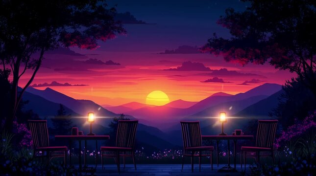A tranquil sunset view from a terrace with tables and chairs, surrounded by mountains. Seamless looping 4k video background 