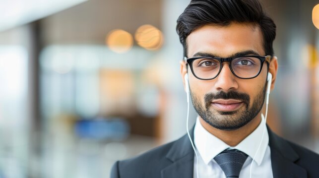 A young South Asian professional enjoys music on his smartphone while working at his office desk, focused and relaxed.