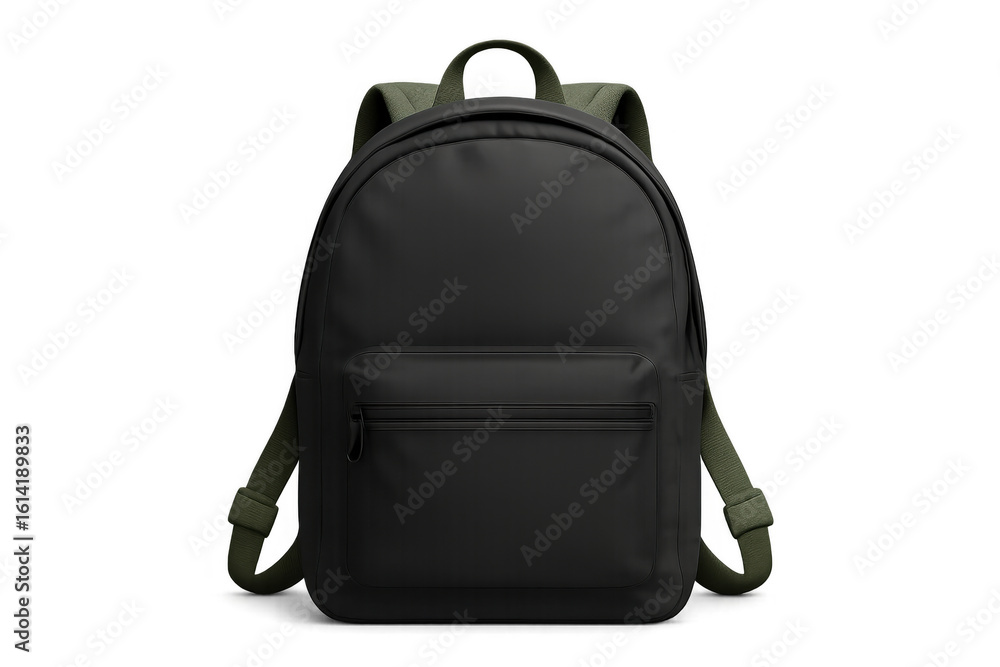 Poster photorealistic 3d rendering of a black backpack with green straps, perfect for showcasing designs or