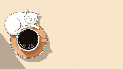 Cute white cat sleeping on a coffee cup with a brown saucer, surrounded by a minimalistic beige background, creating a cozy and inviting atmosphere for relaxation