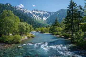 Mountain river valley summer scene, Japan;  scenic view for travel brochure