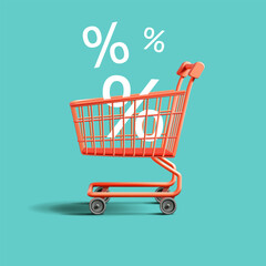 3D shopping cart with percentages. For concepts of promotional offers, discounts, sales in supermarkets, stores for events. Vector illustration.