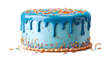Birthday Cake with a blue ganache drip and colorful sprinkles isolated on a white background