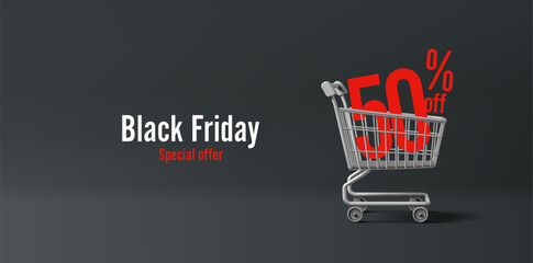 Black Friday, discounts on goods and services. 3D shopping cart for goods with 50 percent in the middle. For advertising discounts in hypermarkets, stores. Vector illustration.