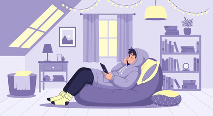 Cozy Evening At Home Relaxed Teenager Using Tablet In Attic Room