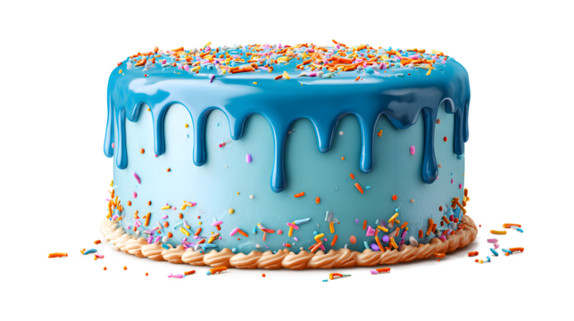 Birthday Cake with a blue ganache drip and colorful sprinkles isolated on a white background