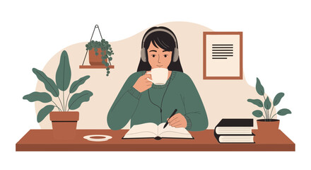Cozy Morning Study Girl With Coffee And Books Flat Illustration