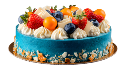  Birthday cake with blue frosting, white chocolate, strawberries, blueberries, cumquats