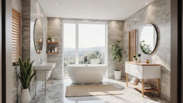 Bright bathroom interior with freestanding tub and elegant modern fixtures