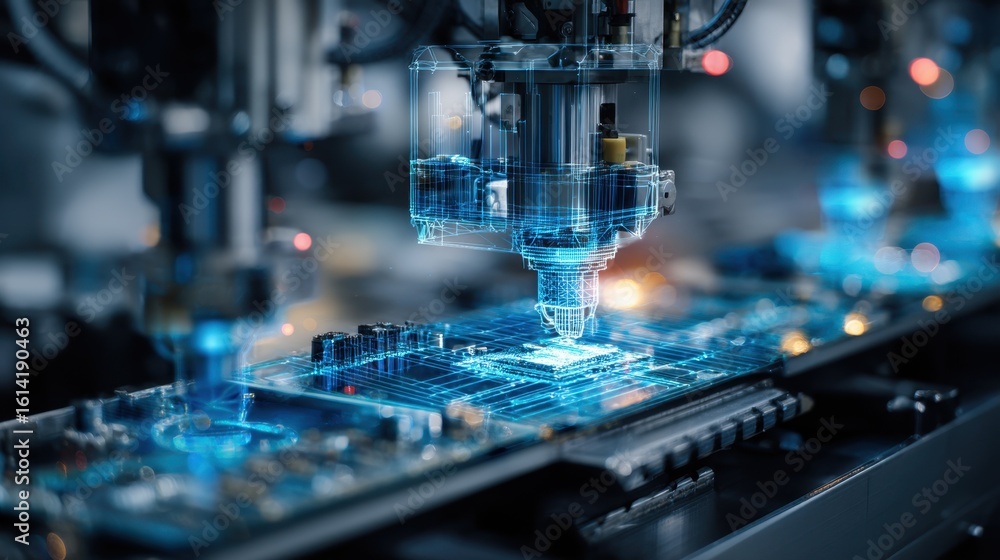 Poster in a modern factory, a robotic arm precisely assembles a circuit board, highlighted by augmented rea