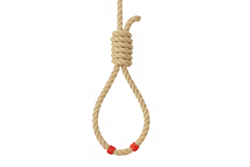 Tightly bound hanging noose with red markings isolated on transparent background, symbolizing despair and suicide