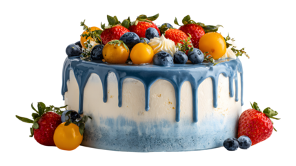 Birthday cake with blue frosting, white chocolate, strawberries, blueberries, cumquats