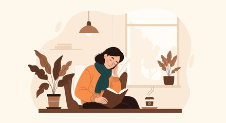 Cozy Reading Nook Woman Enjoying Literature In Relaxing Indoor Atmosphere
