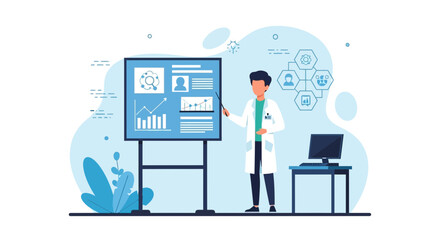 Doctor Presenting Data Analysis At A Conference Or Medical Meeting Display