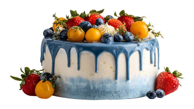  Birthday cake with blue frosting, white chocolate, strawberries, blueberries, cumquats