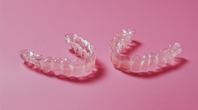 Flat lay of two transparent dental aligners placed on a pastel pink background &mdash; ideal for showcasing modern orthodontic solutions and post-braces care.

