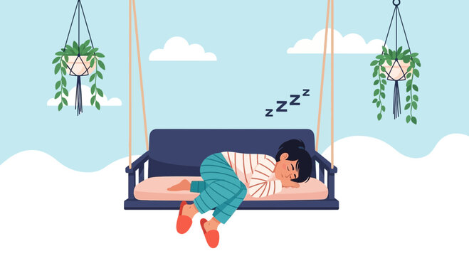Dreamy Afternoon Scene Depicting Relaxing Girl Sleeping on a Swing Couch