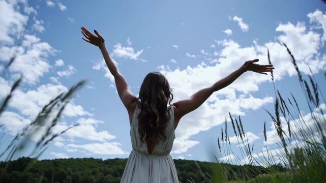 A woman in a dress with arms outstretched stands in a field under a partly cloudy sky enjoying nature
