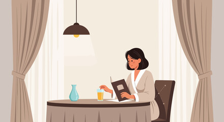 Elegant Breakfast Read Woman Enjoying Fresh Juice In Chic Hotel Room