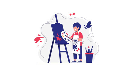 Obraz premium Creative Artist Engaged In Painting On Canvas At Easel In Art Studio Or Home