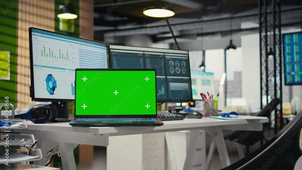 Poster High end empty office displaying chroma key on laptop at desk, space prepared for professional administration and performance analysis to enhance business management and project success.
