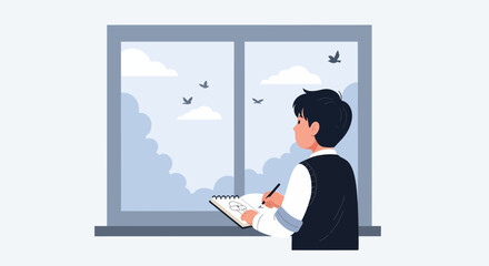 Fototapeta premium Creative Boy Drawing Birds At The Window Enjoying Freedom And Inspiration