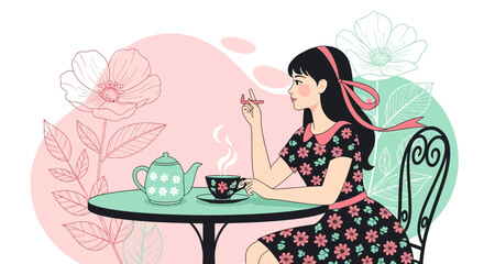 Elegant Woman Enjoying Afternoon Tea With Floral Accents And Warm Beverage