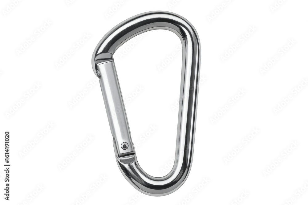 Poster close-up of a single, gleaming metal carabiner, isolated on a transparent background, ready for comp