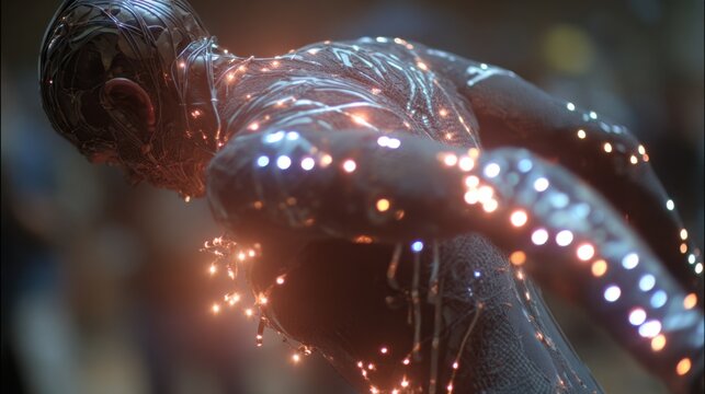 Closeup medium shot of fiberoptic mocap suit detailing on actors body sharp focus on glowing sensors as blurred CGI creature mirrors precise motion in the background.