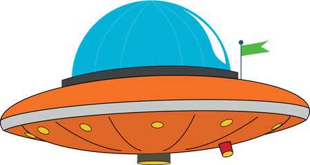 Orange spaceship, UFO, alien vector spaceship isolated on transparent background. Illustration, cartoon for kids. Close up of flying saucer, Alien abduction concept.
