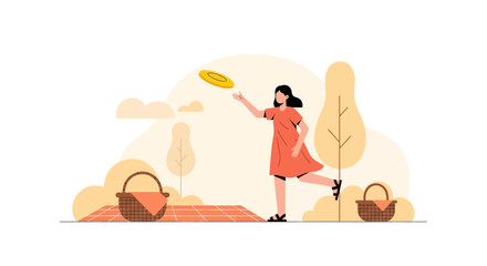 Enjoying Sunny Day Outdoors With Frisbee at Picnic Scene Illustration