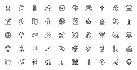 South Korea icon set. Minimal vector illustrations. Includes symbols for Gayageum, Mandu, Won, Taekwondo, Bibimbap, Kpop, Kimchi, Soju, Hanok, Seoul tower and more. Editable stroke design.